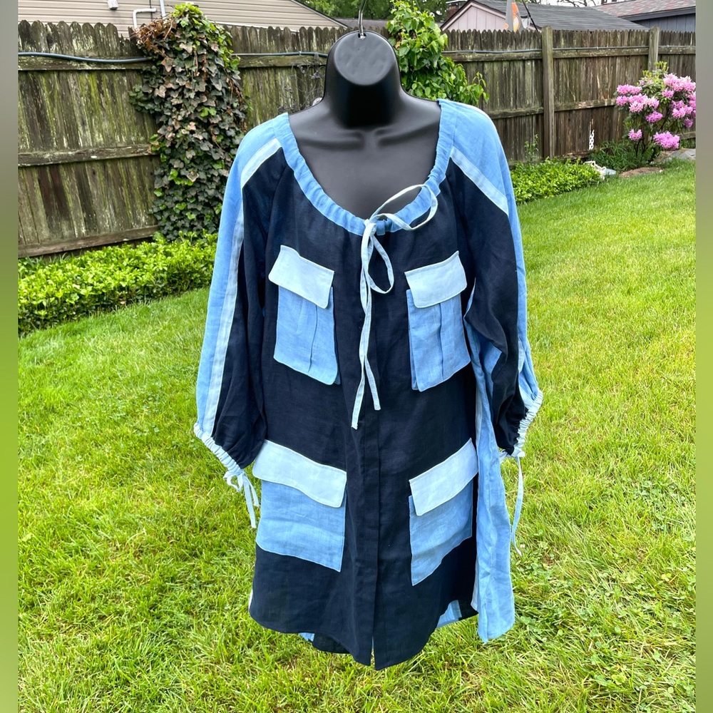 March‎ 11 Eleven women’s 100% linen dress LARGE patchwork blue peasant lagenlook